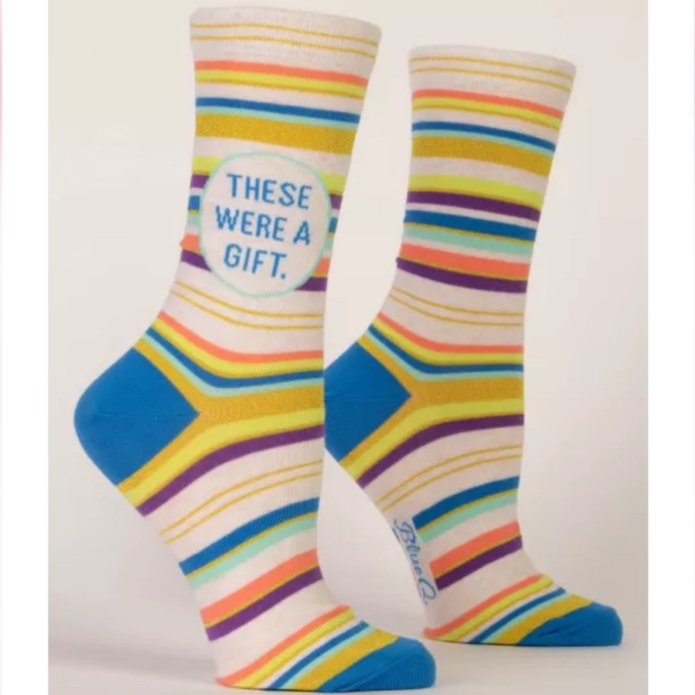 Blue Q “These Were a Gift” Funny Crew Socks – Colorful Striped Novelty Socks
